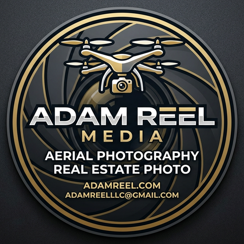 Adam Reel Media logo — gold drone over a camera aperture